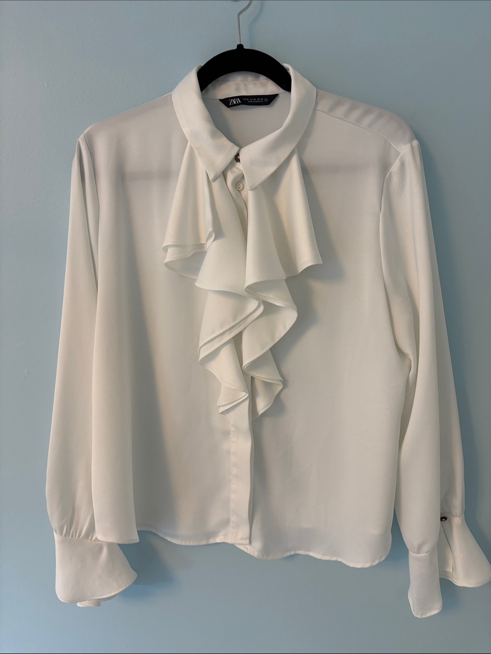 Zara Cream Ruffle Front Button-Down Blouse